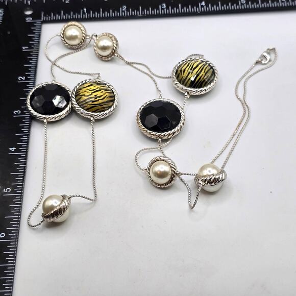 Long Statement Necklace Silver Black Pearl Tiger Stripe Bead Fashion Jewelry 32i - Picture 4 of 8